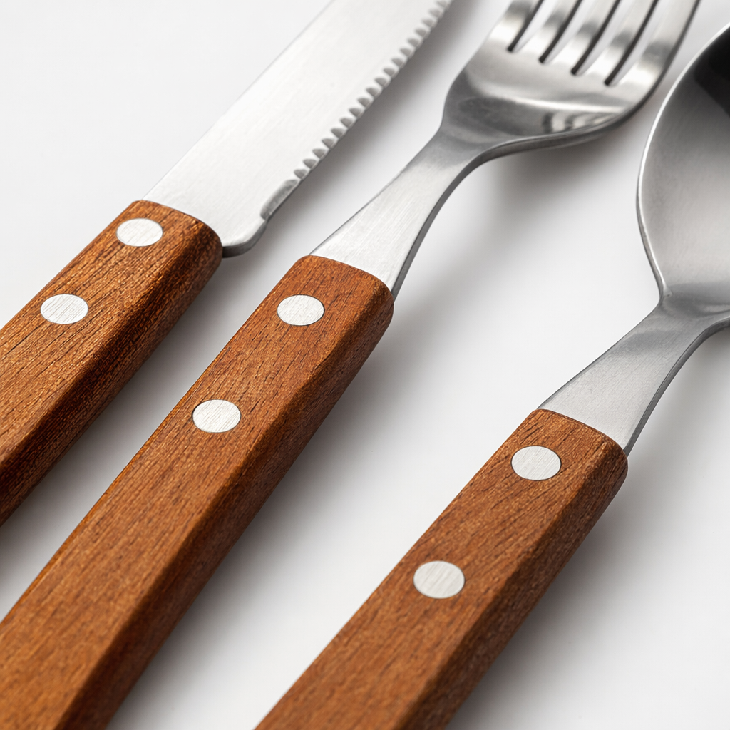Wooden handle knife, fork and spoon combination set, simple household tableware gift box Application Scenario