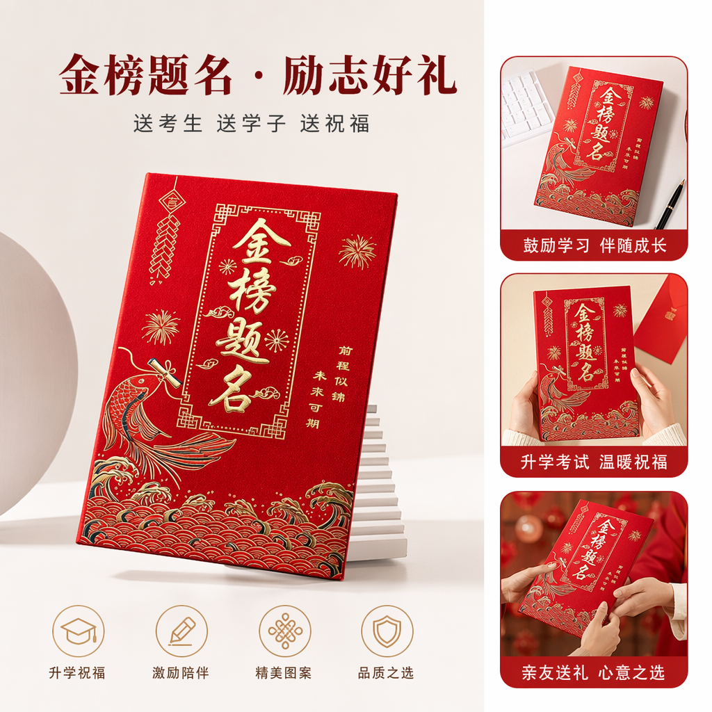 红色烫金金榜题名礼盒中式喜庆硬壳封面金鱼跃龙门波涛烟花鞭炮前程似锦未来可期图