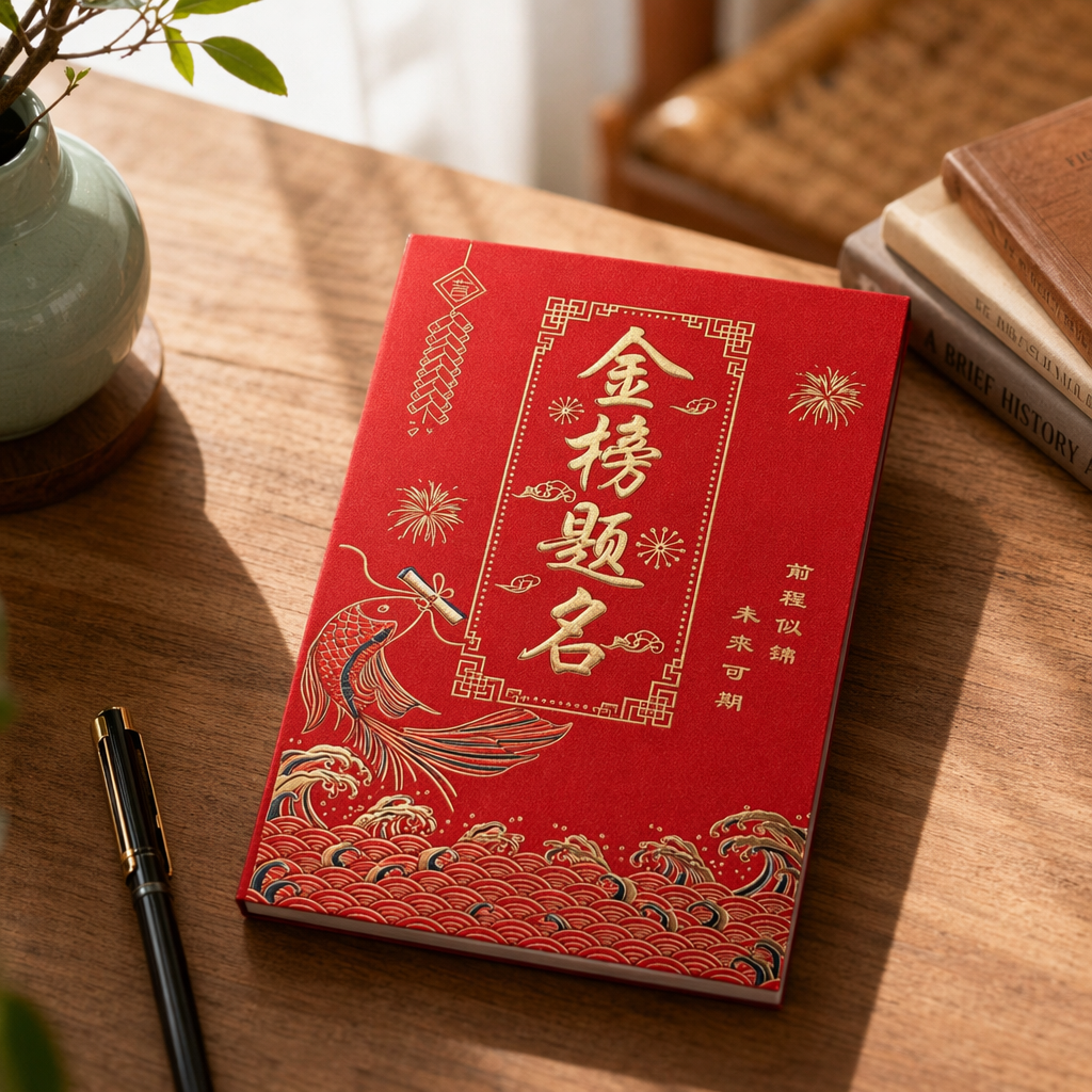 红色烫金金榜题名礼盒中式喜庆硬壳封面金鱼跃龙门波涛烟花鞭炮前程似锦未来可期产品图