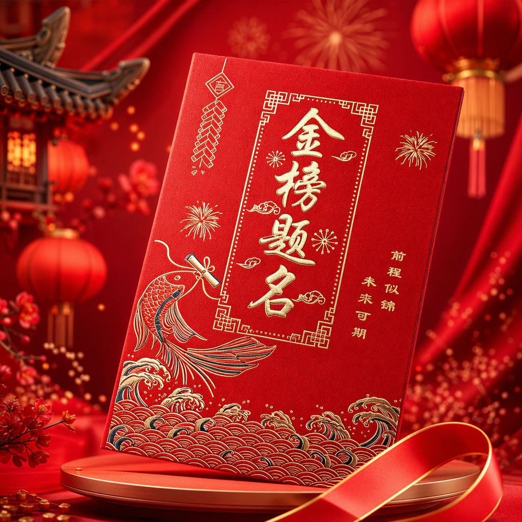 红色烫金金榜题名礼盒中式喜庆硬壳封面金鱼跃龙门波涛烟花鞭炮前程似锦未来可期细节图