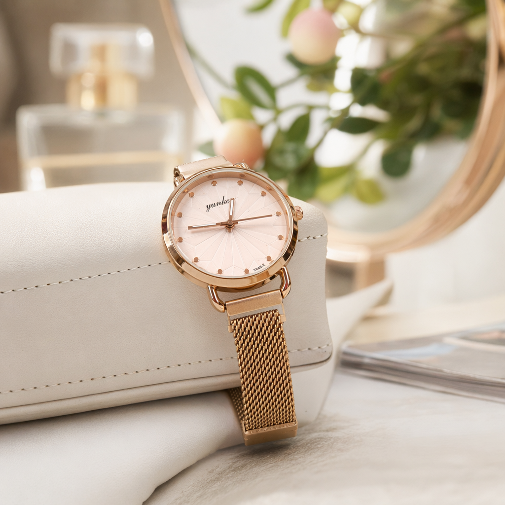 Gold case, light pink geometric pattern dial, metal mesh strap, ladies' watch, white stand details Picture