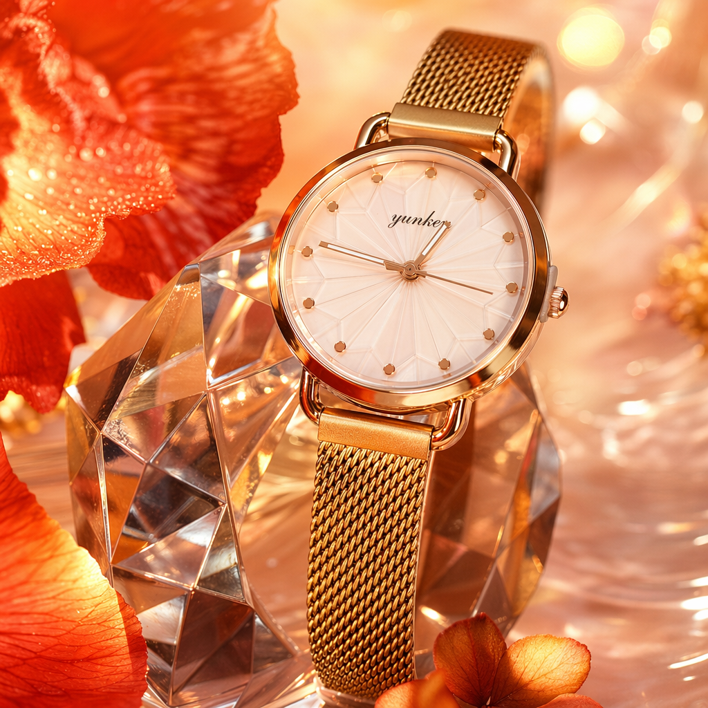 Gold case, light pink geometric pattern dial, metal mesh strap, ladies' watch, white stand Specification image