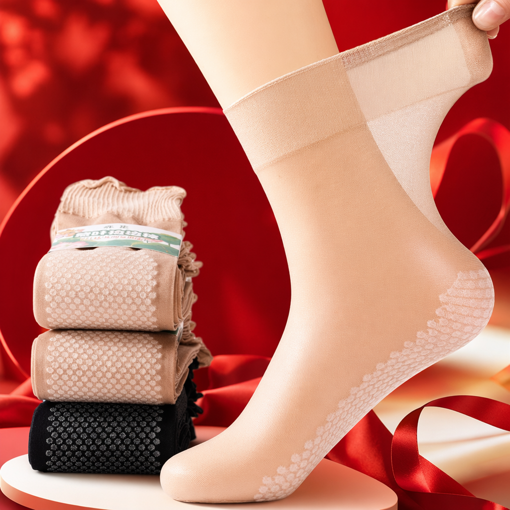 Beige socks with a loose opening design and anti-slip silicone dots on the soles of the feet can be stacked in multiple colors Specification image