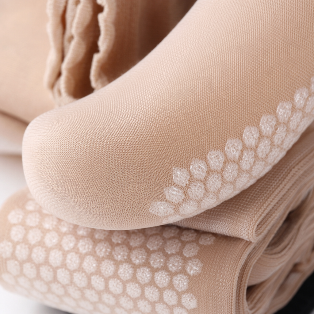 Beige socks with a loose opening design and anti-slip silicone dots on the soles of the feet can be stacked in multiple colors Application Scenario