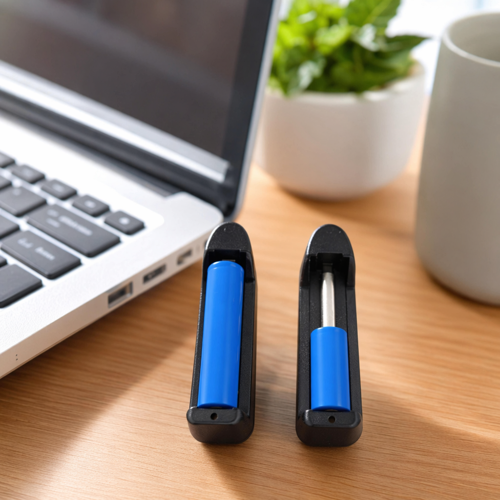 A universal fast-charging portable charging device with a black charger and a blue battery details Picture