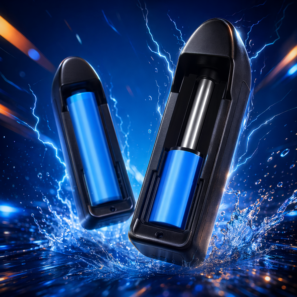 A universal fast-charging portable charging device with a black charger and a blue battery Specification image