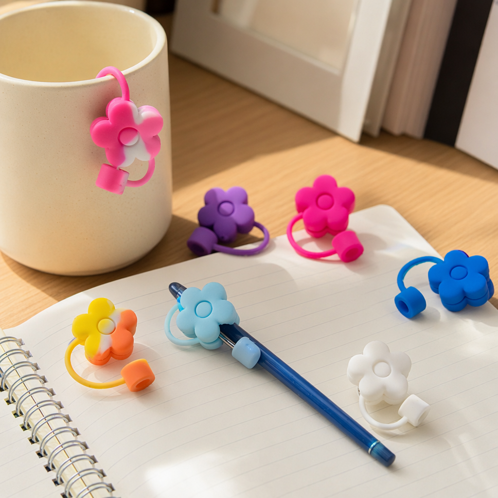 The colorful flower-shaped silicone straw cap is anti-slip and heat-resistant details Picture