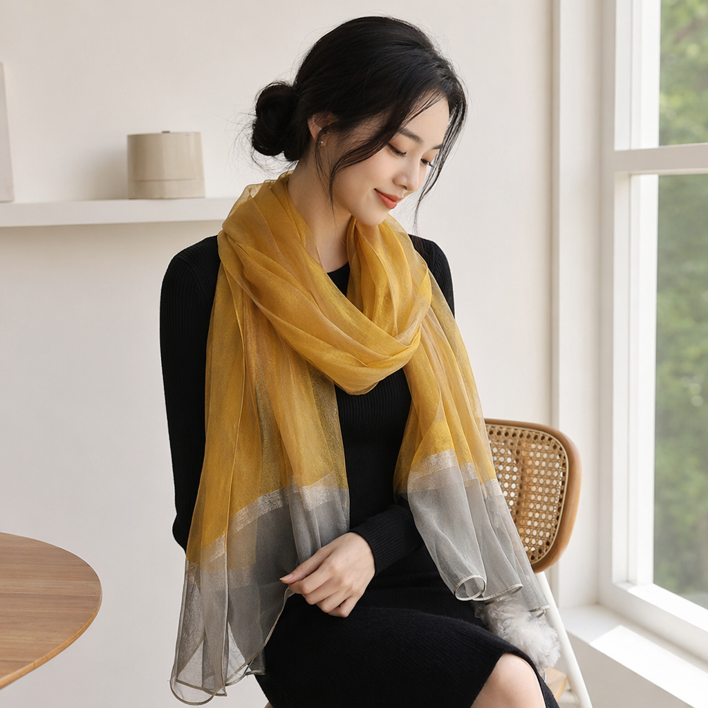 The golden silk scarf is warm, light, drape, fashionable and versatile for women in autumn and winter details Picture