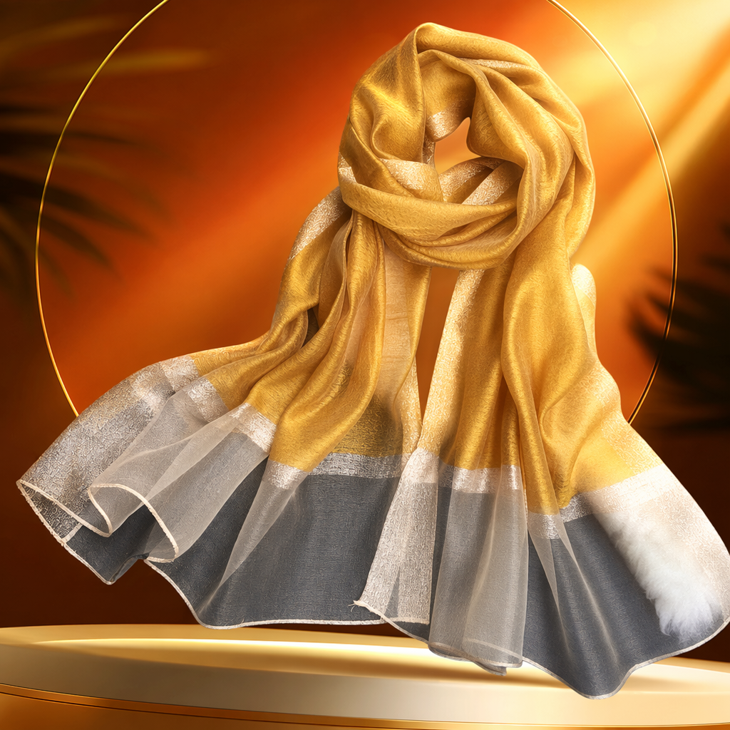 The golden silk scarf is warm, light, drape, fashionable and versatile for women in autumn and winter Specification image