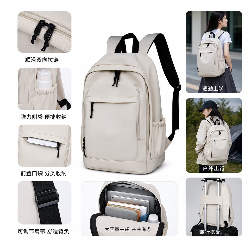 This white backpack is simple and versatile. It's a lightweight, large-capacity, fashionable and casual backpack for students' commuting