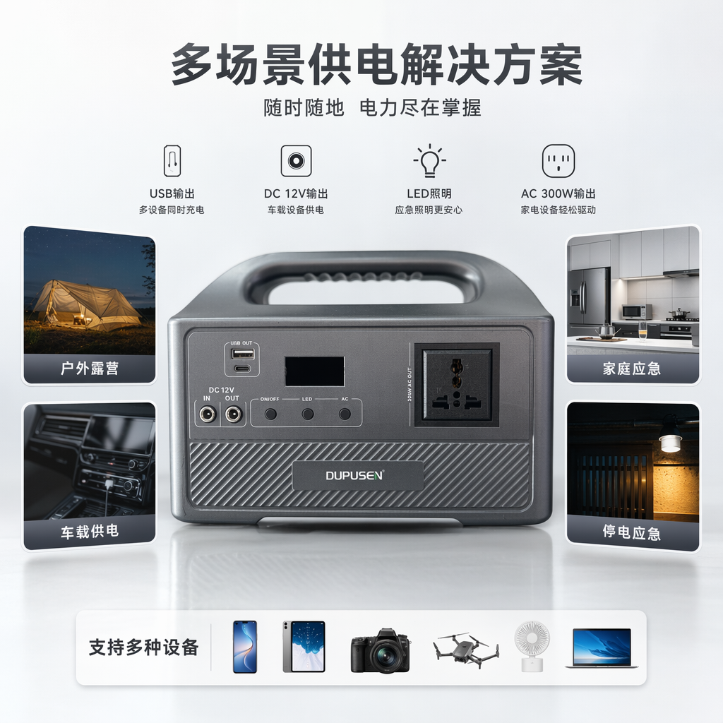 A grey portable power bank with a handle and multiple interfaces for mobile use full image