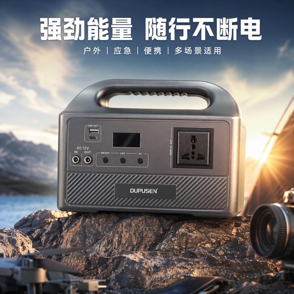 A grey portable power bank with a handle and multiple interfaces for mobile use Specification image