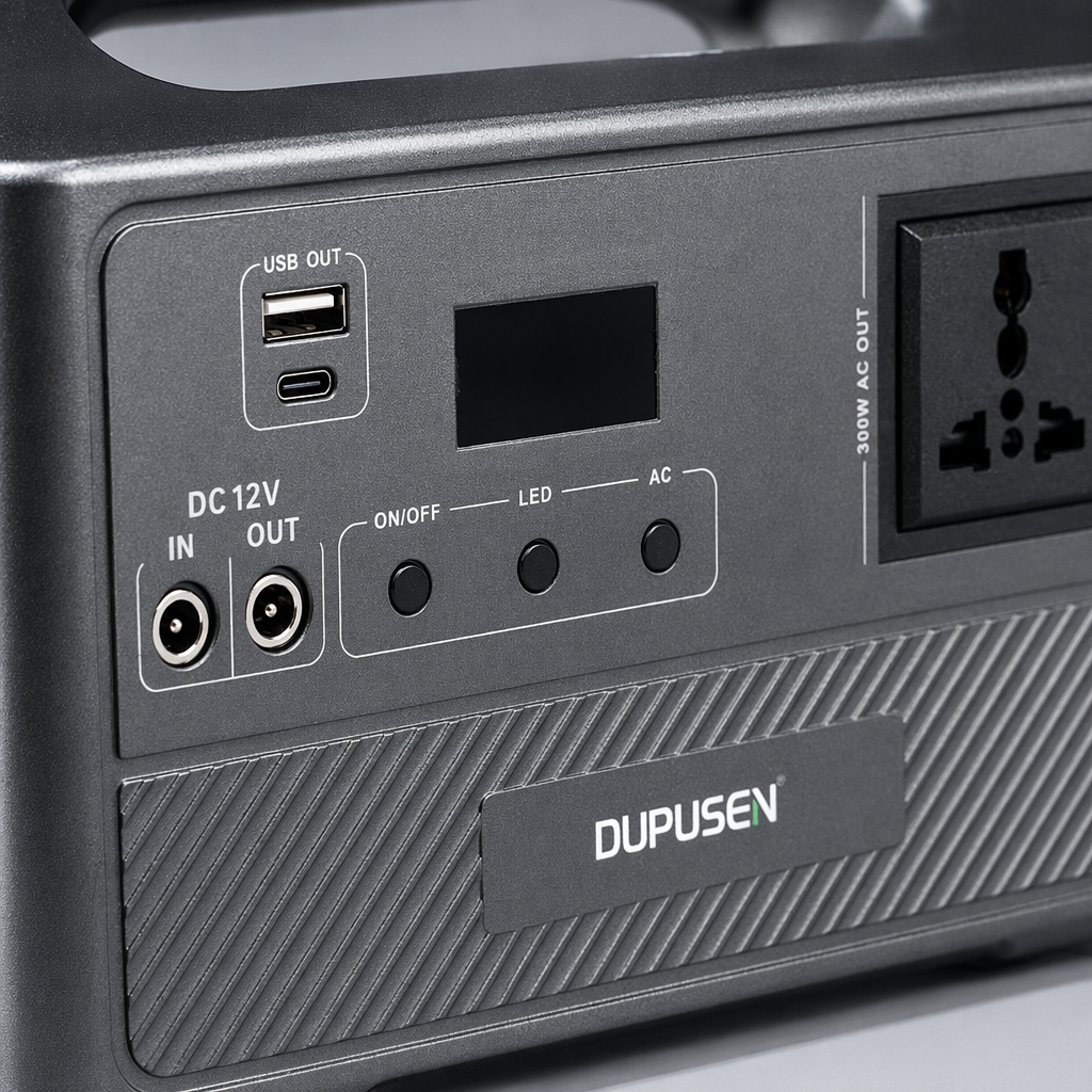 A grey portable power bank with a handle and multiple interfaces for mobile use Application Scenario