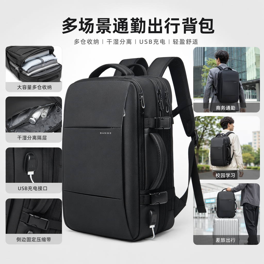 Black backpack, large-capacity, lightweight student commuting travel backpack
