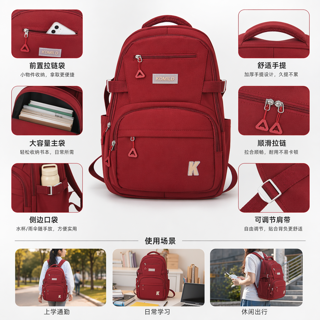 The red backpack is a lightweight and large-capacity student commuting travel backpack