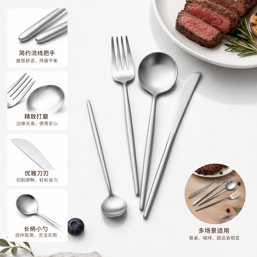 银色餐具套装不锈钢餐盘叉勺家用简约风