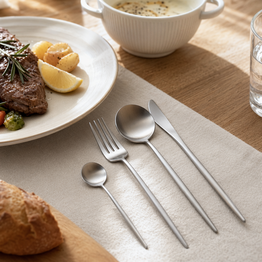 Silver tableware set, stainless steel plates, forks and spoons, simple home style details Picture