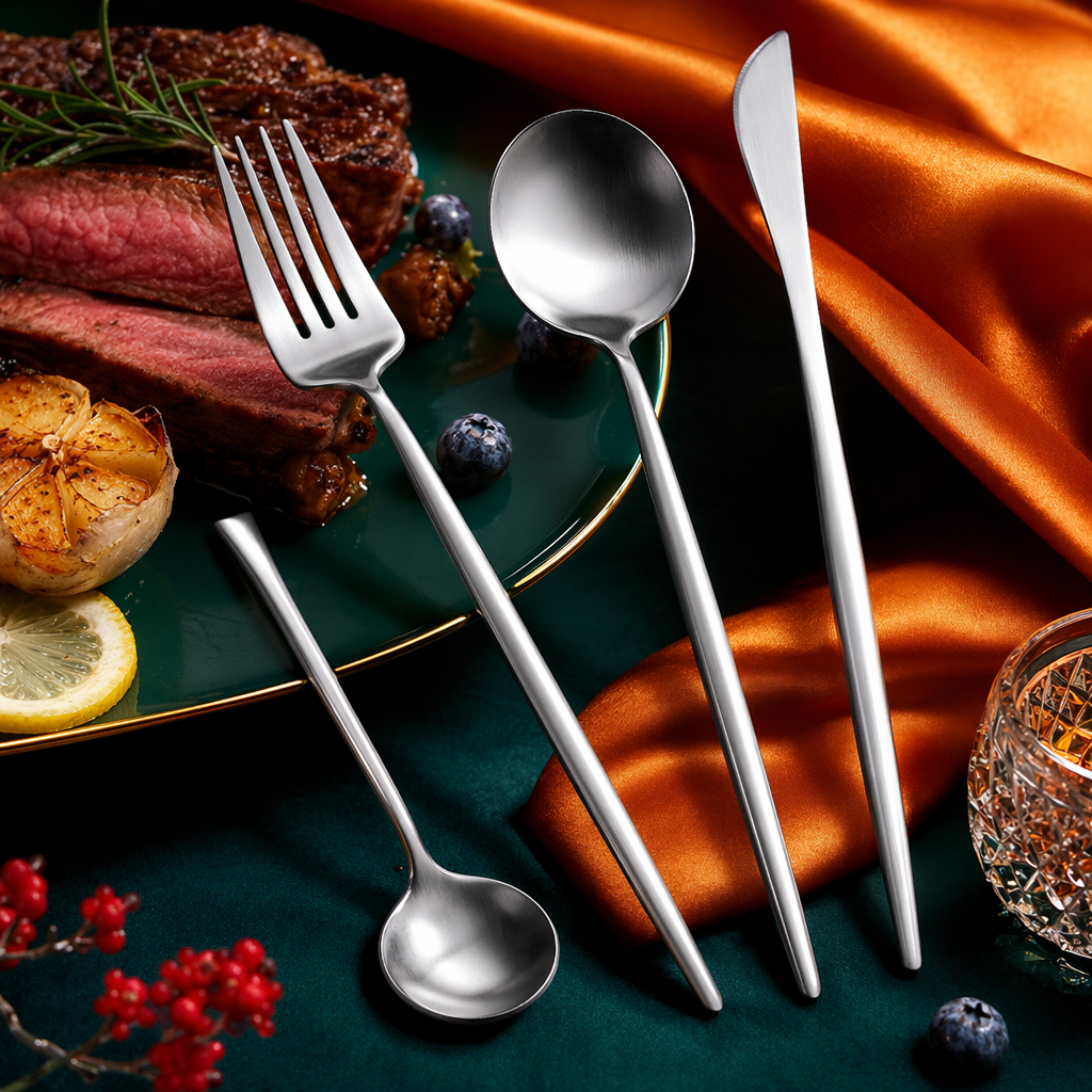 Silver tableware set, stainless steel plates, forks and spoons, simple home style Specification image