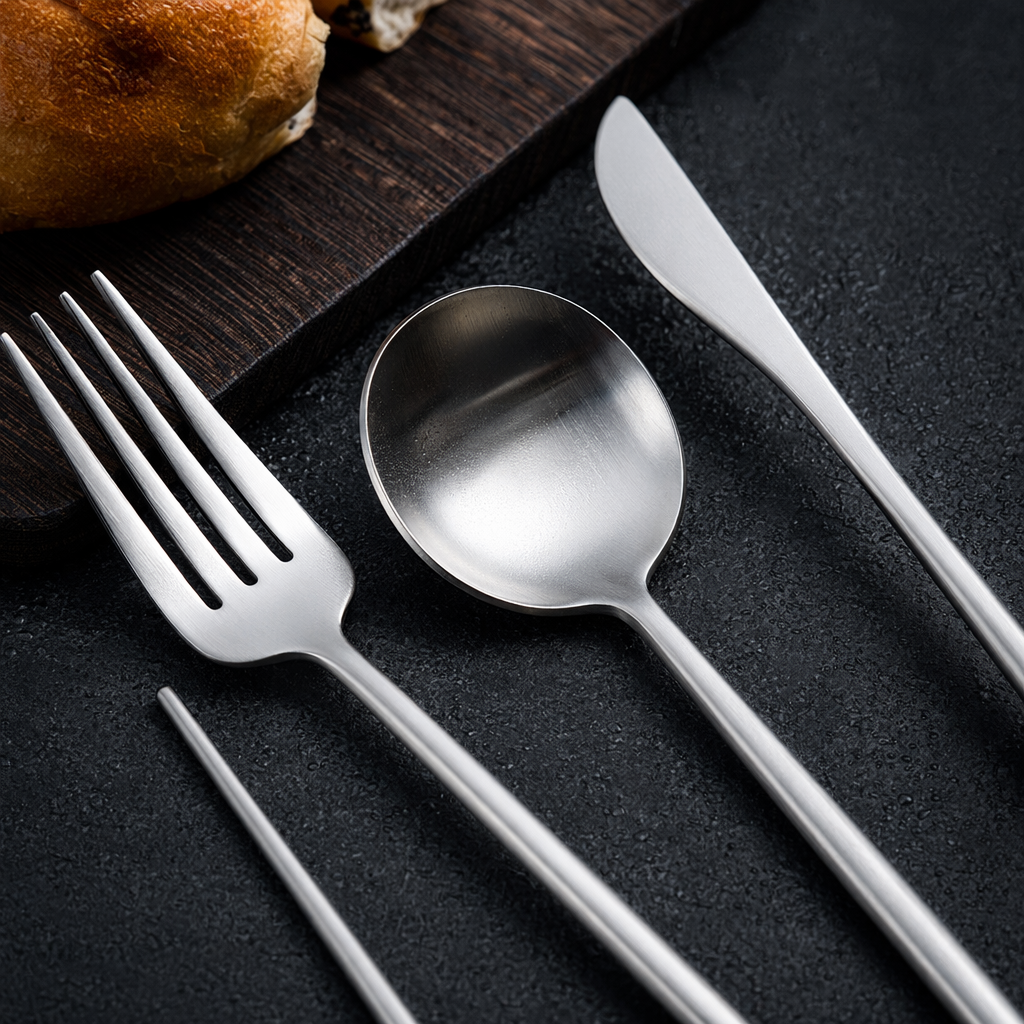 Silver tableware set, stainless steel plates, forks and spoons, simple home style Application Scenario