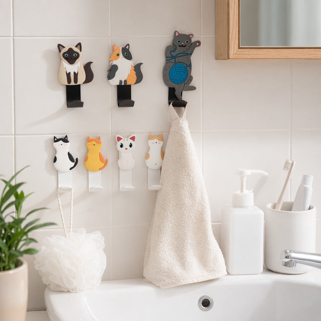 Tong Cat no-hole, traceless adhesive hook, home bathroom towel, entrance key hook, cute soft rubber, strong wall-mounted storage hook, dormitory door back coat and hat hanger details Picture