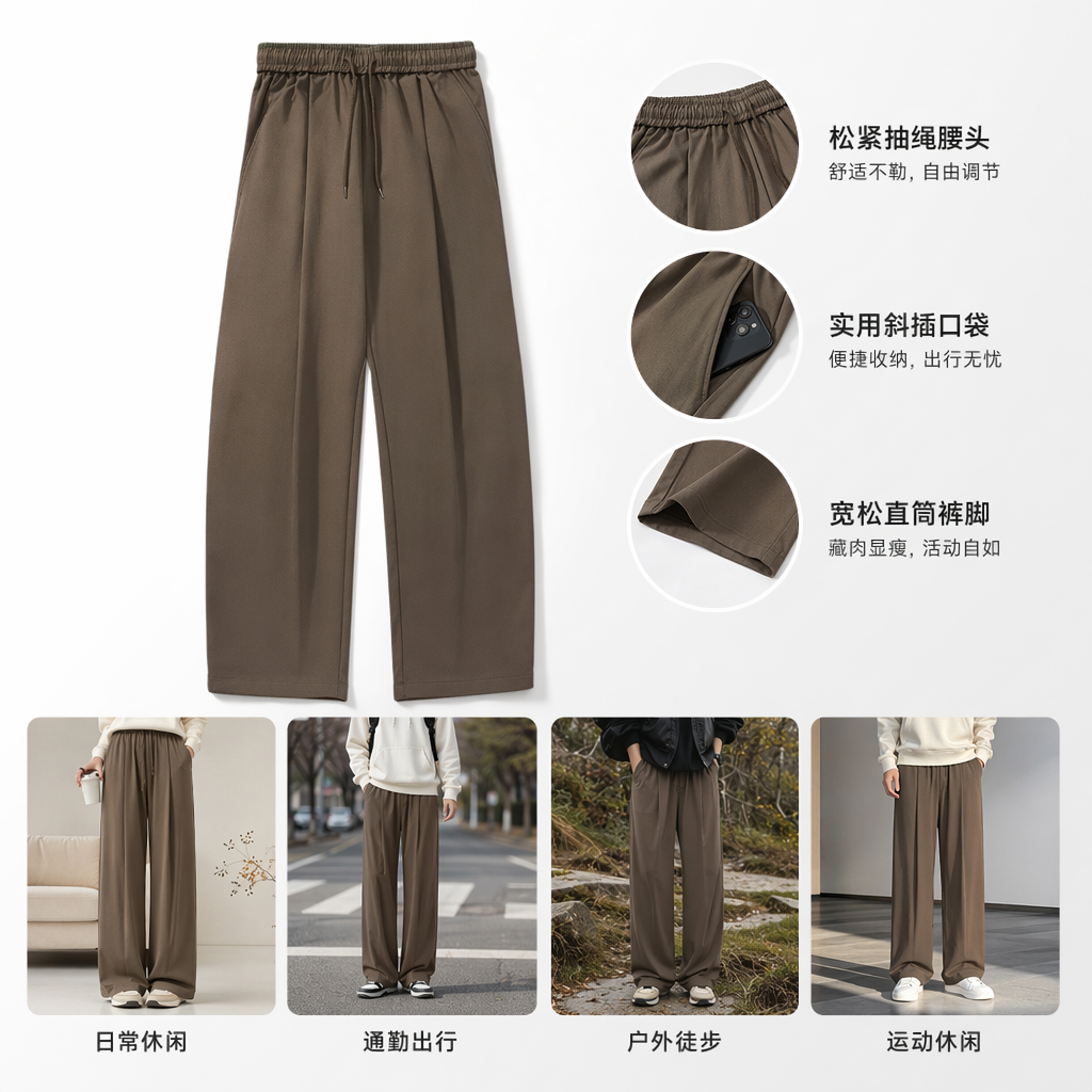 Brown drawstring casual pants for both men and women, loose and slimming sporty tight-fitting trousers
