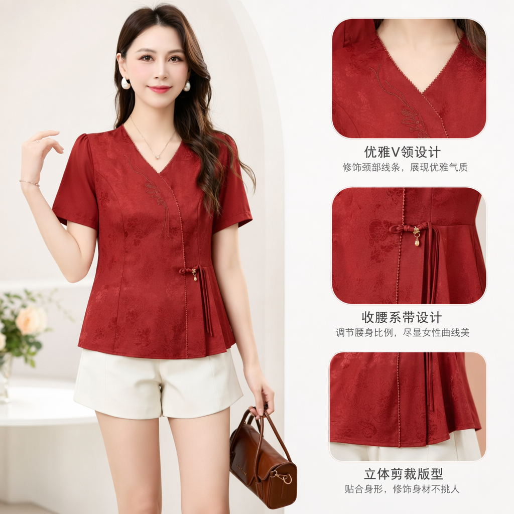 Elegant and quiet red Chinese-style top for women, slimming and fashionable Chinese-style top for women