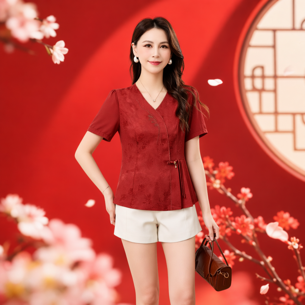 Elegant and quiet red Chinese-style top for women, slimming and fashionable Chinese-style top for women Specification image