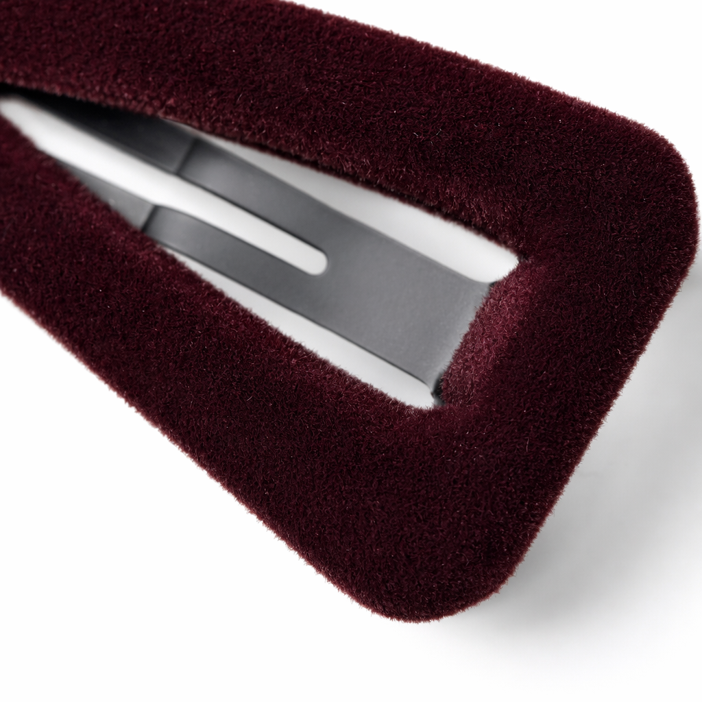 A simple and versatile Korean-style hairpin in wine red suede for women Application Scenario