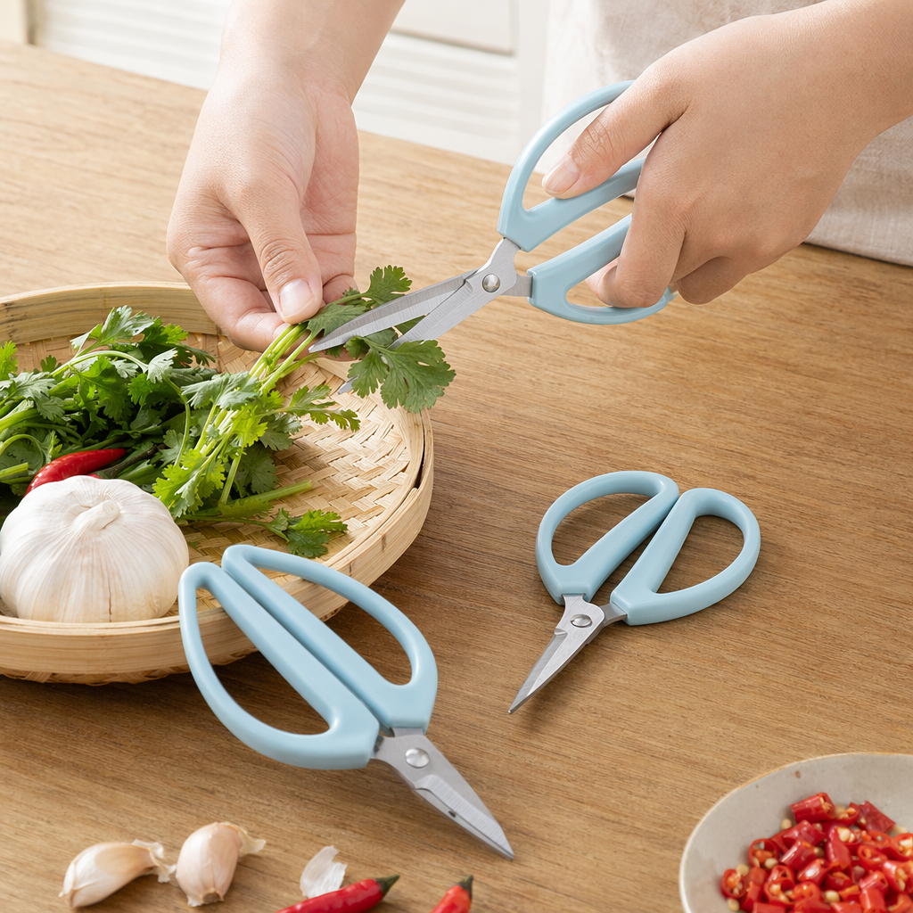 Light blue handle household scissors, stainless steel sharp cutting, multi-functional details Picture