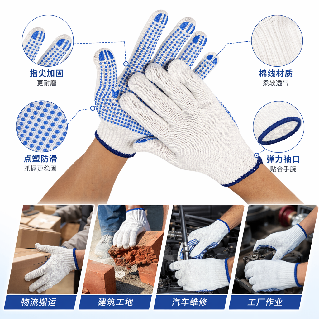 White knitted anti-slip gloves, warm and breathable labor protection gloves for women in autumn and winter