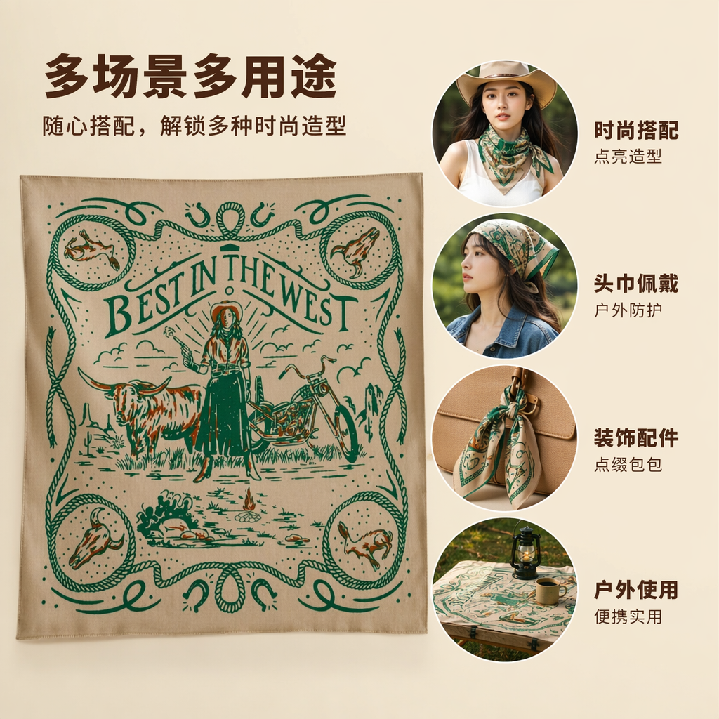 棉新款嘻哈头巾方巾 西部牧场户外运动街舞装饰面饰