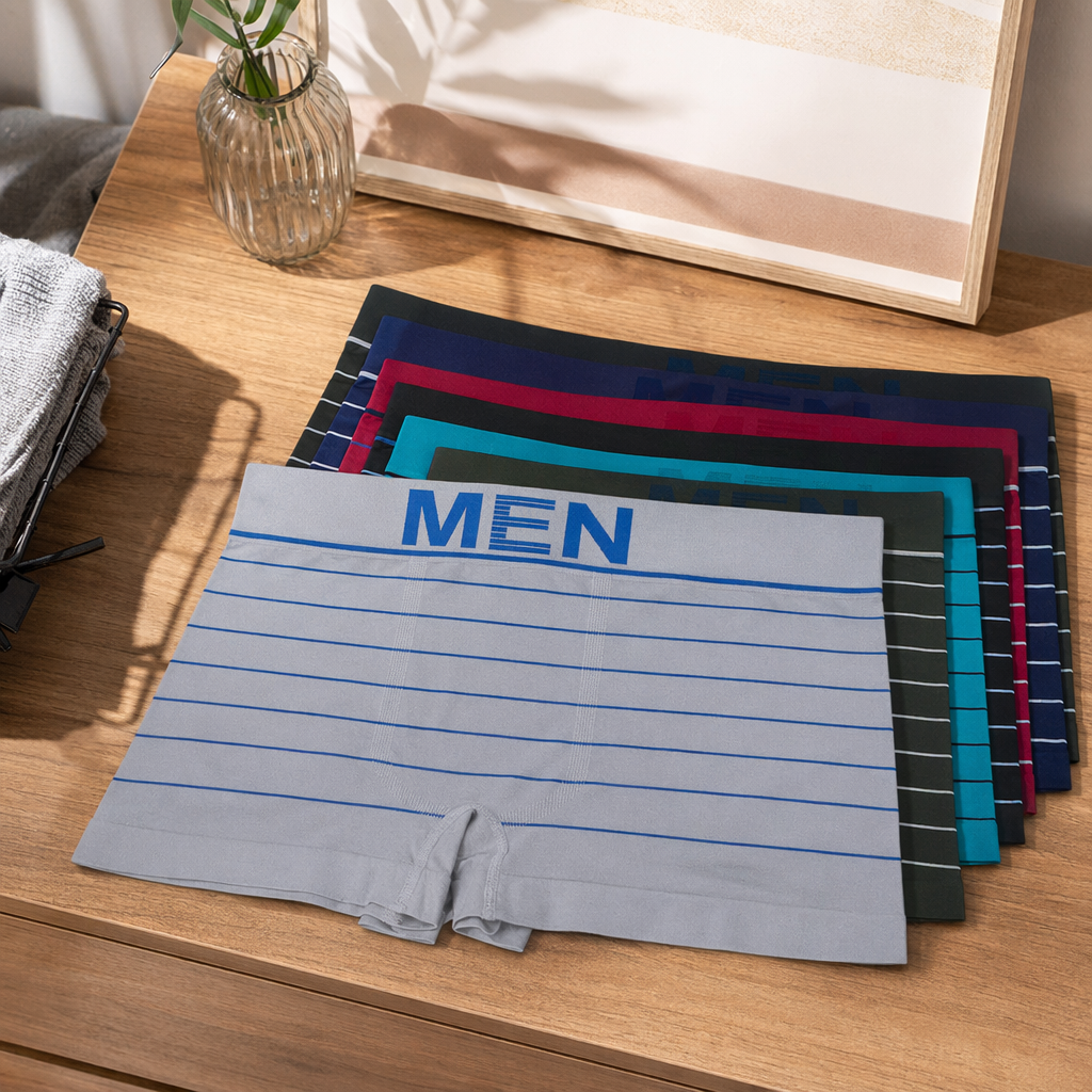 Grey striped men's seamless underwear, pure cotton breathable and comfortable four-corner flat underwear details Picture