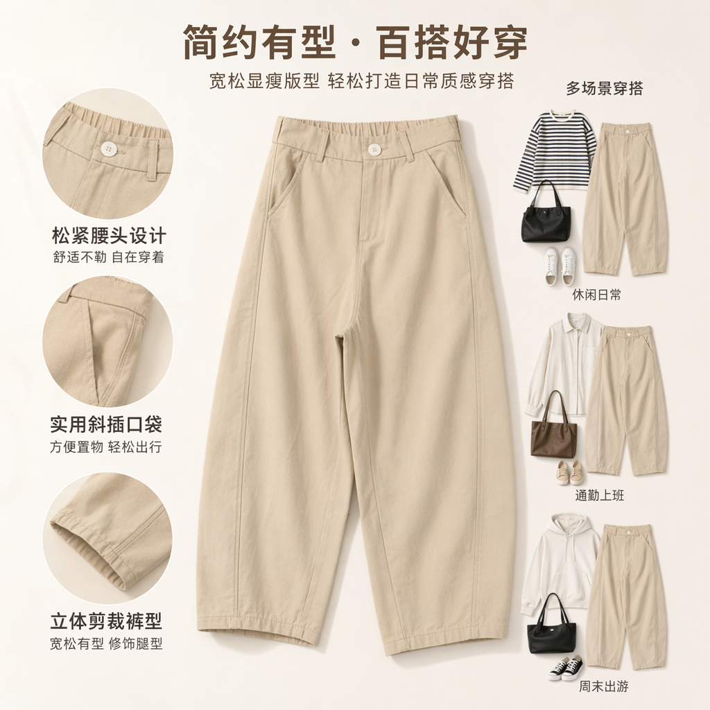 Beige Tencel cotton curved knife pants for women, high-waisted, slimming, with a drape, 9-inch wide-leg casual pants