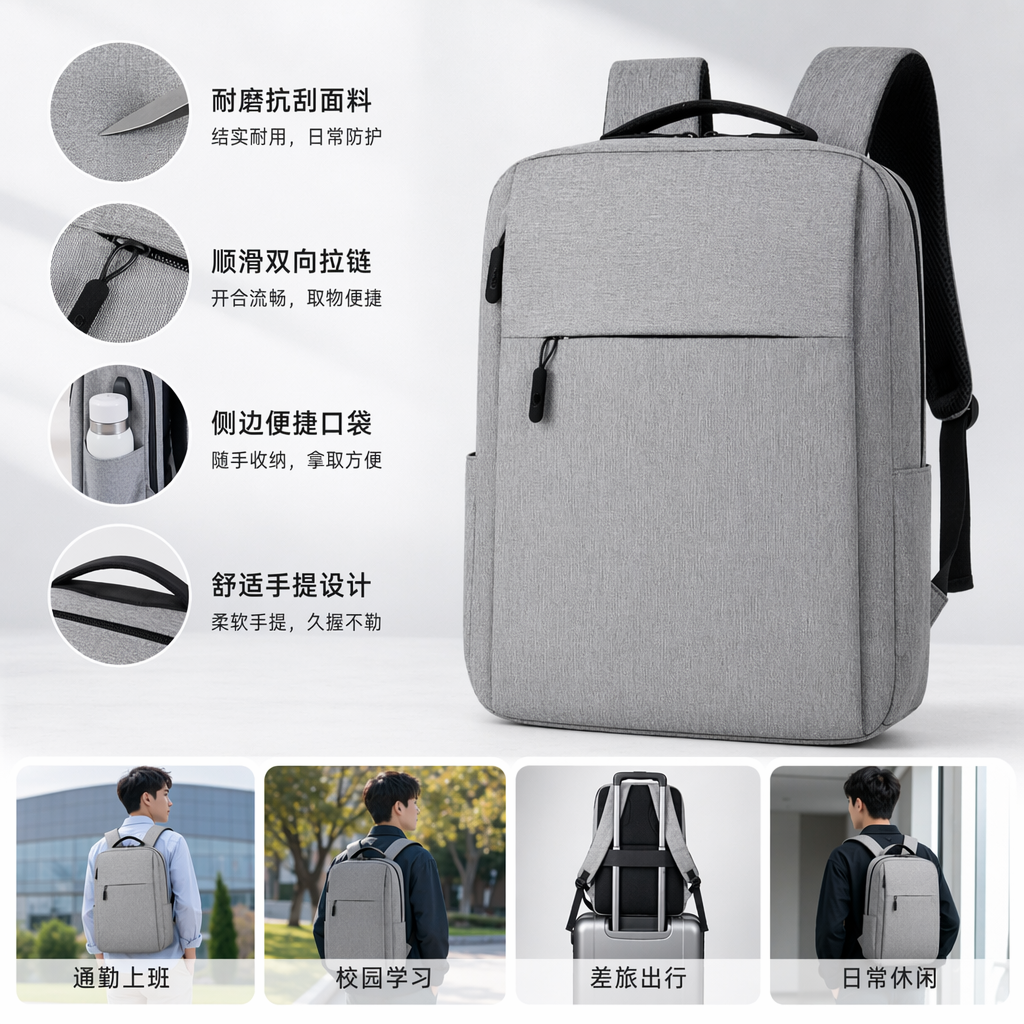 This grey, simple and fashionable backpack is lightweight and has a large capacity for student commuting