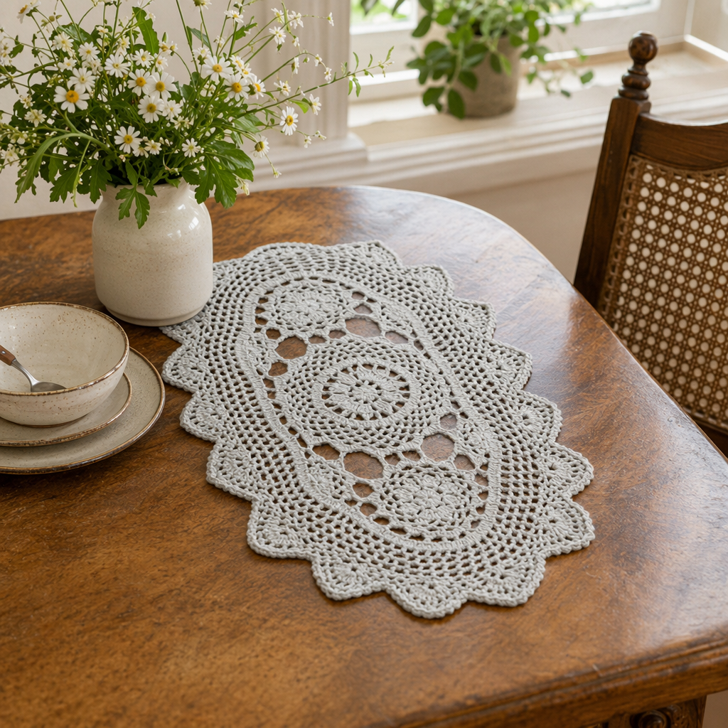 White handcrafted crochet table mat, home oval-shaped coffee table mat, Nordic style details Picture