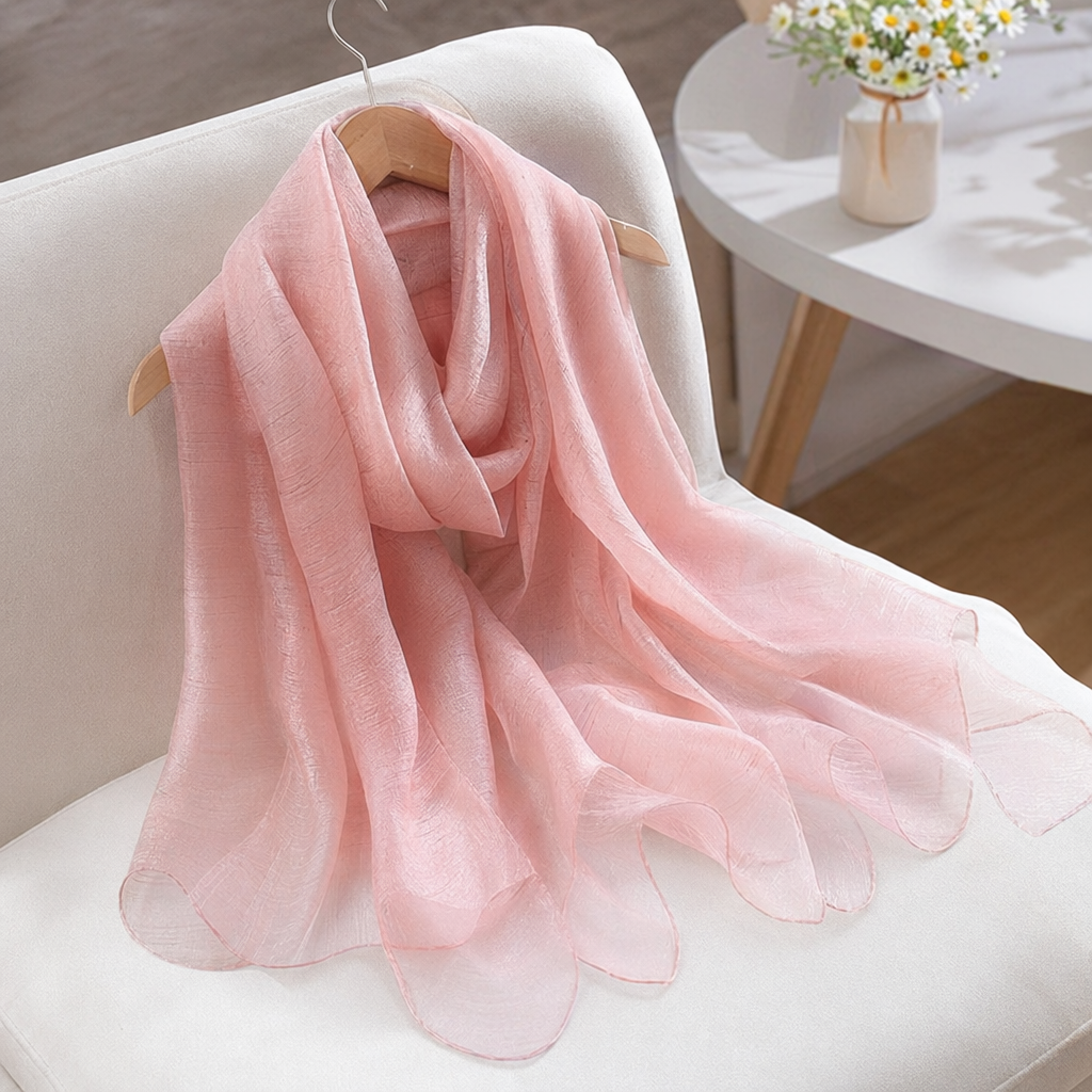 Pink chiffon scarf is a thin, versatile, lightweight, breathable and fashionable accessory for women in autumn and winter details Picture