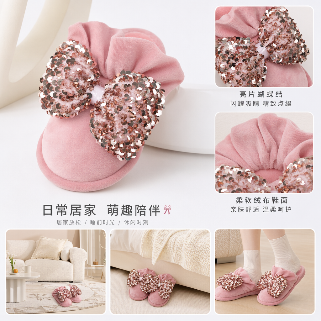 Pink suede slippers with rose gold sequined bow, women's home soft sole anti-slip