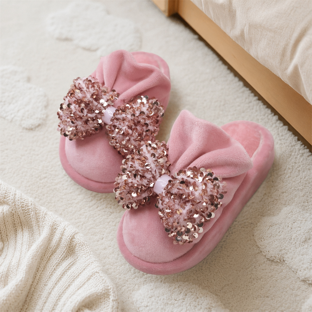Pink suede slippers with rose gold sequined bow, women's home soft sole anti-slip details Picture