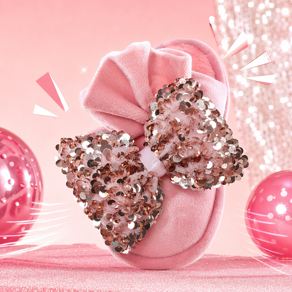 Pink suede slippers with rose gold sequined bow, women's home soft sole anti-slip Specification image