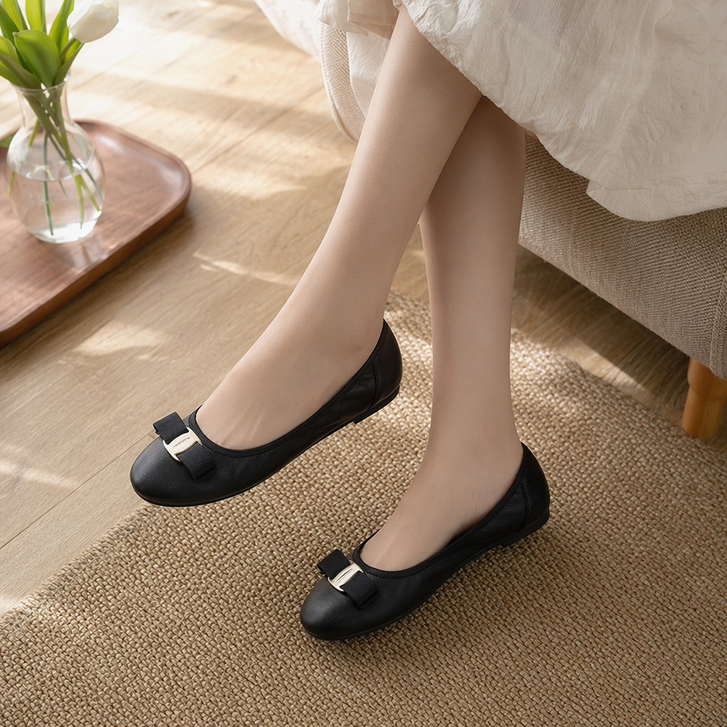 Black bow flat shoes for women, casual and versatile, soft sole, anti-slip, comfortable and breathable details Picture