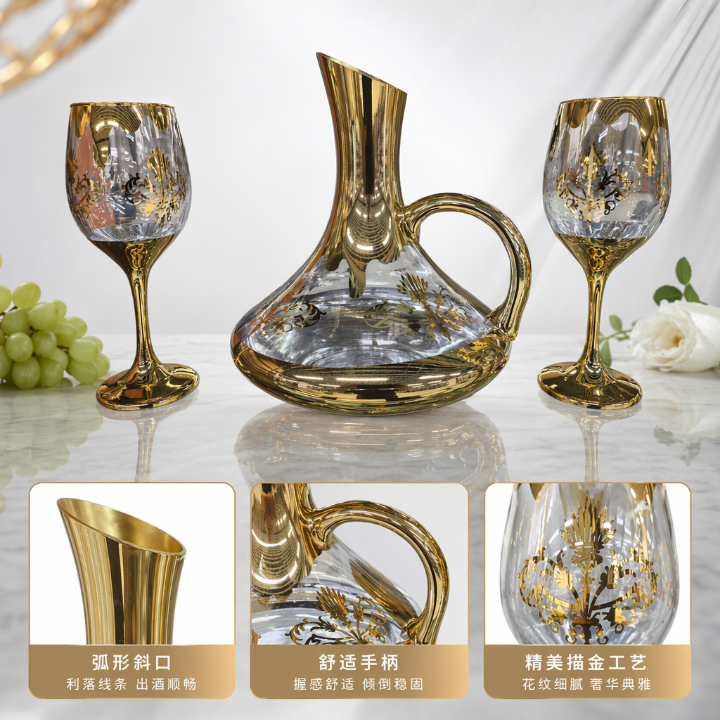 A family banquet wine set with a golden-decorated glass decanter and two tall glasses full image