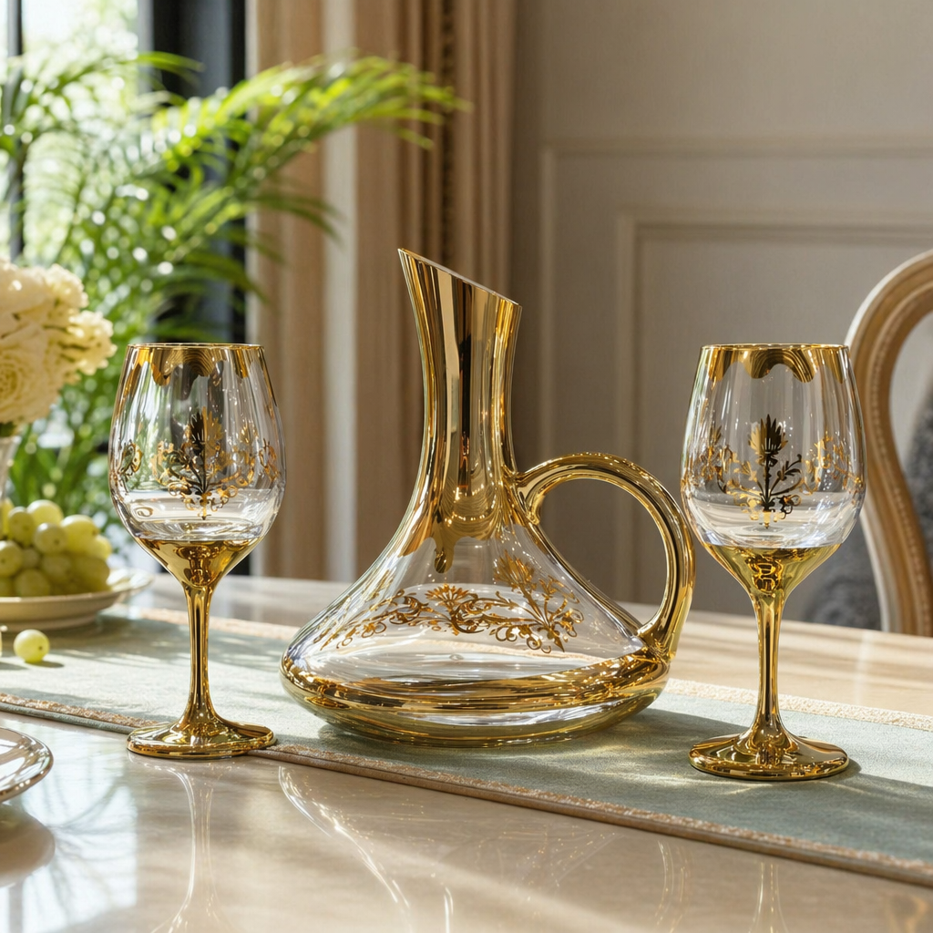 A family banquet wine set with a golden-decorated glass decanter and two tall glasses details Picture