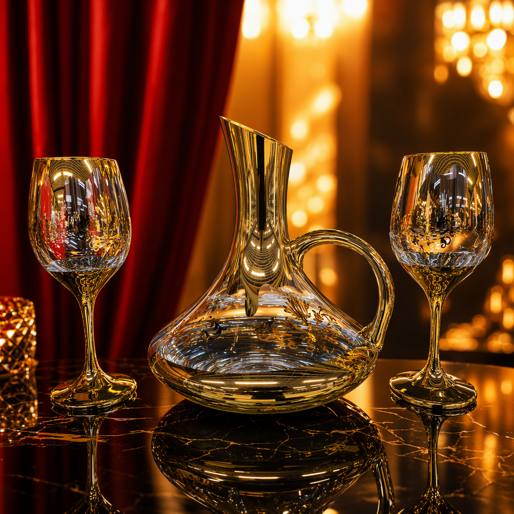 A family banquet wine set with a golden-decorated glass decanter and two tall glasses Specification image