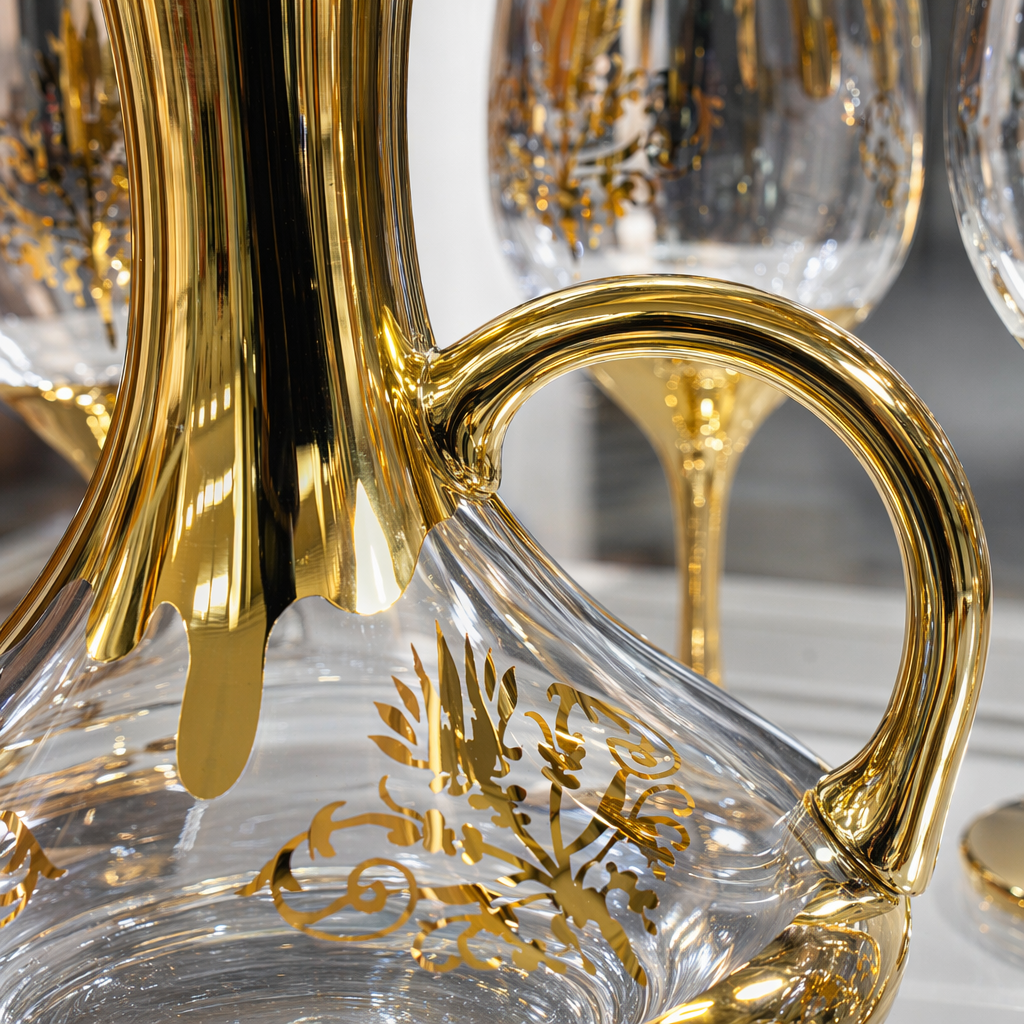 A family banquet wine set with a golden-decorated glass decanter and two tall glasses Application Scenario
