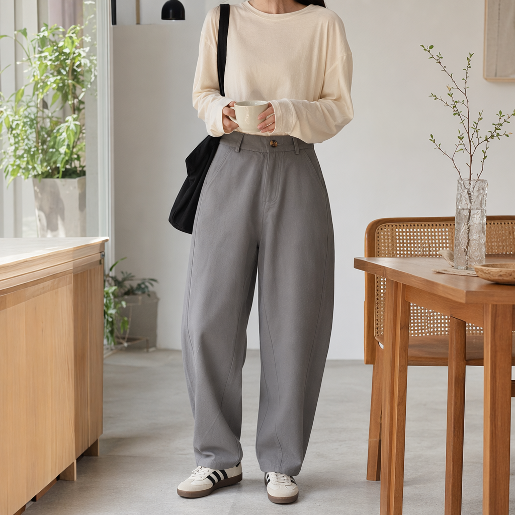 Grey Tencel cotton curved knife pants, slimming and high-stretch casual trousers details Picture