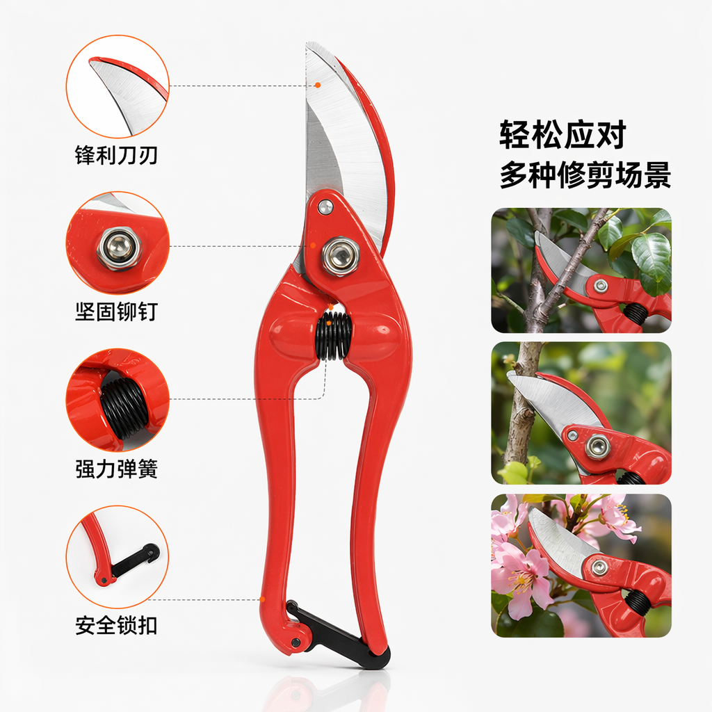 Red pruning shears, a garden pruning tool made of stainless steel, are sharp and labor-saving. They are suitable for household fruit tree pruning