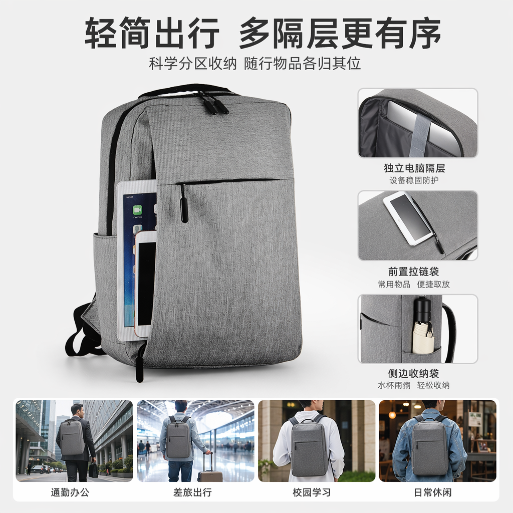 A simple and fashionable grey backpack, a lightweight and large-capacity student commuting travel bag