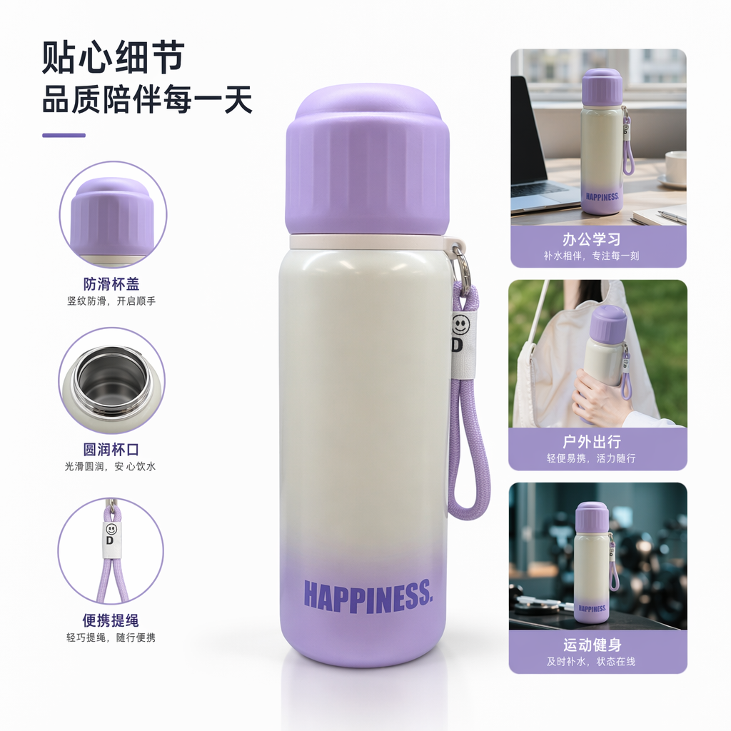 Light purple gradient glass water cup 350ml, heat-resistant and heat-insulating, for office and household use