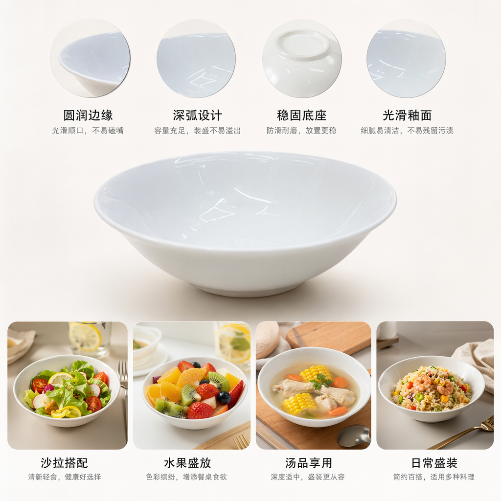 White porcelain bowls, simple household ceramic tableware, serving rice bowls, soup bowls, large bowls