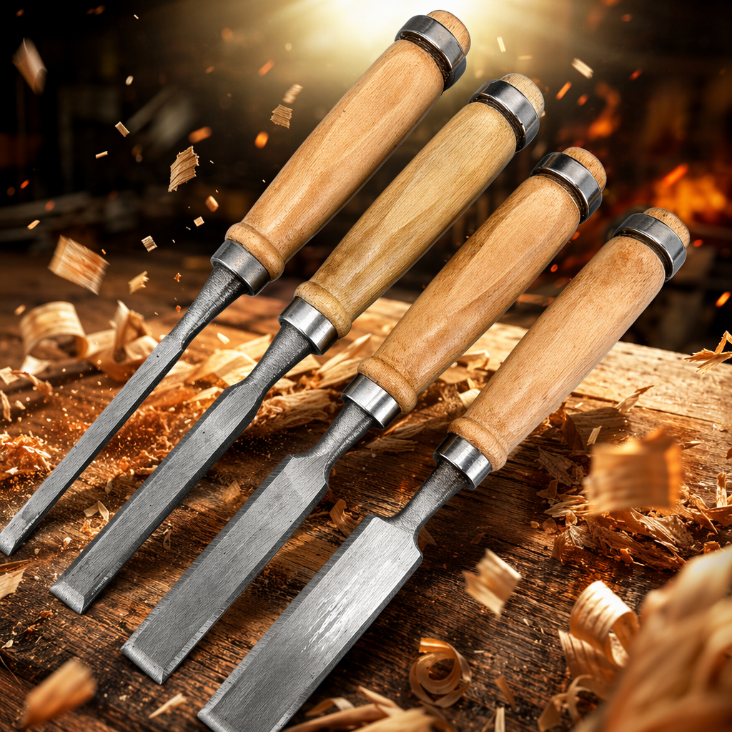 أربعة ازاميل خشبية، مقبض خشبي، أدوات نقش يدوية Specification image